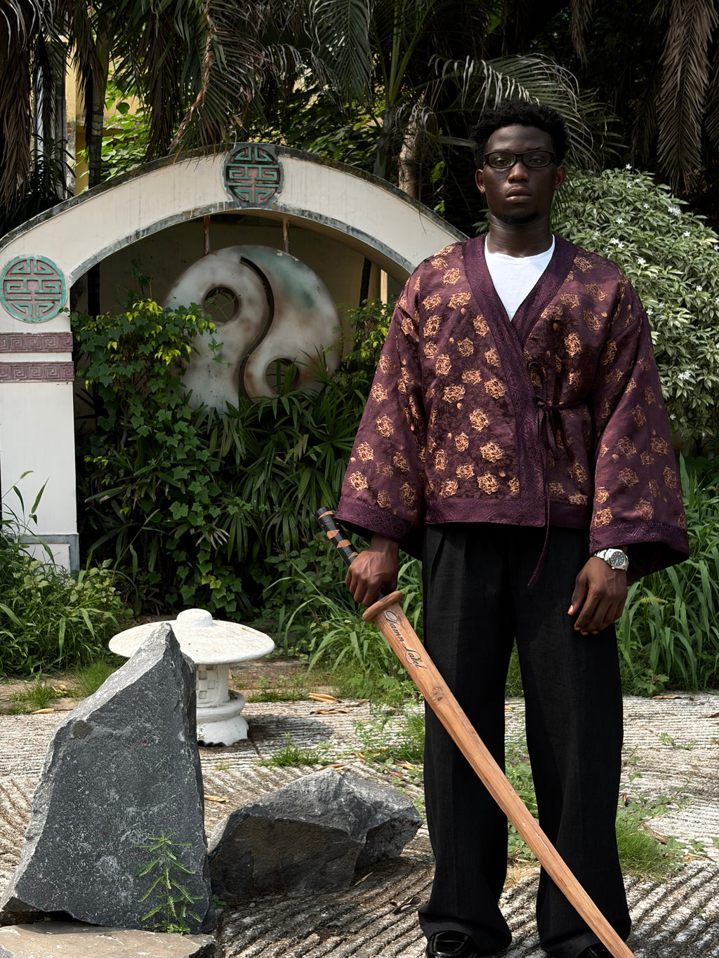 Burgundy Gold Blossom Kimono (Mens)