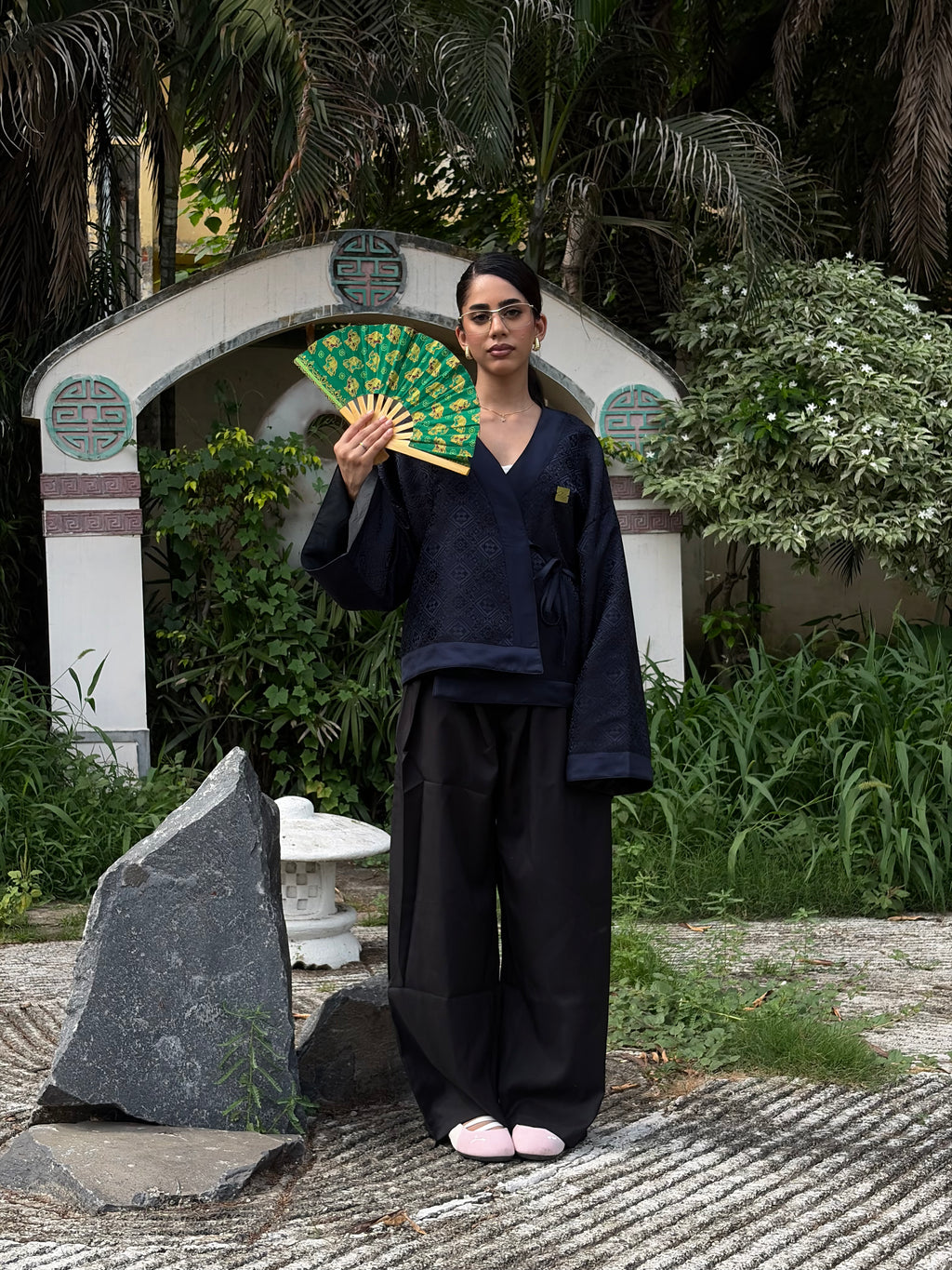 Navy Jacquard Grid Kimono (Womens)