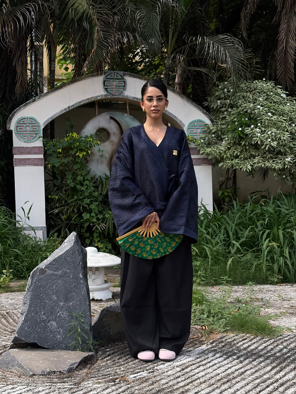 Navy Jacquard Grid Kimono (Womens)