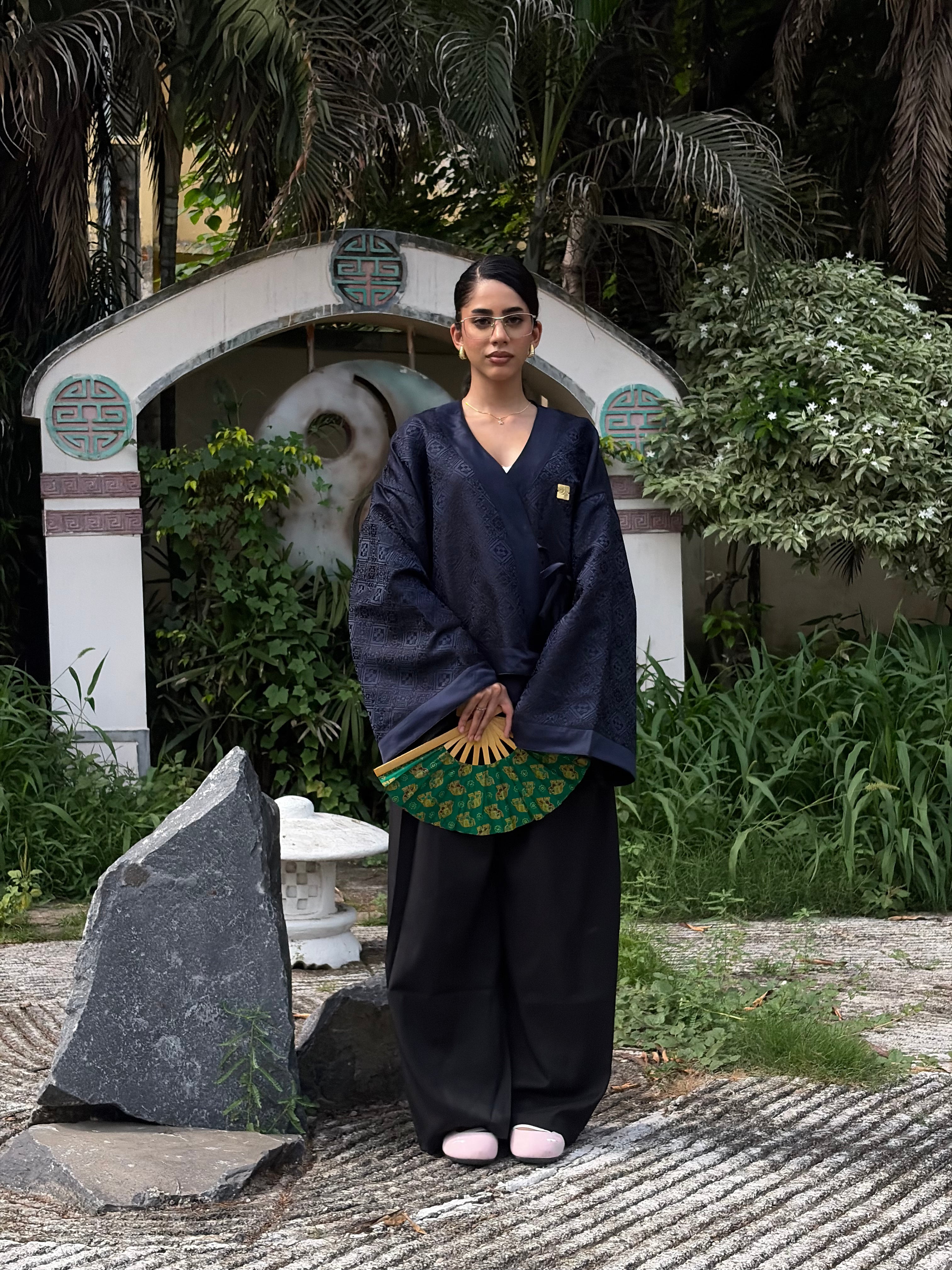 Navy Jacquard Grid Kimono (Womens)